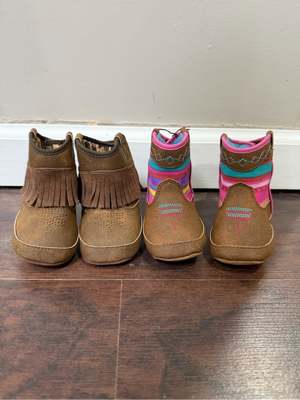 Set of Twister Infant Brown Fringe & Twister Pink Turquoise Striped Boots